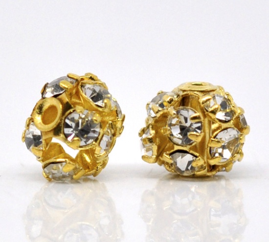 Picture of Brass Spacer Beads Ball Gold Plated Clear Rhinestone About 6mm-7mm Dia, Hole:Approx 1.4mm, 10 PCs                                                                                                                                                             