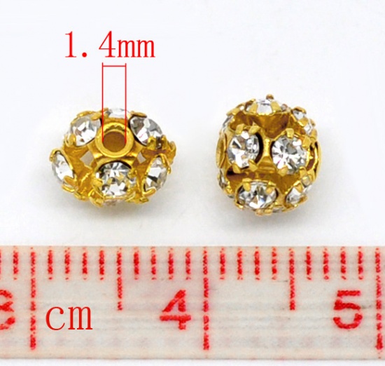 Picture of Brass Spacer Beads Ball Gold Plated Clear Rhinestone About 6mm-7mm Dia, Hole:Approx 1.4mm, 10 PCs                                                                                                                                                             