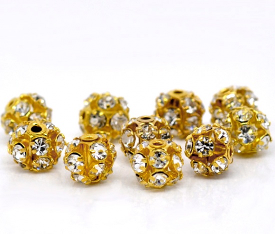 Picture of Brass Spacer Beads Ball Gold Plated Clear Rhinestone About 6mm-7mm Dia, Hole:Approx 1.4mm, 10 PCs                                                                                                                                                             