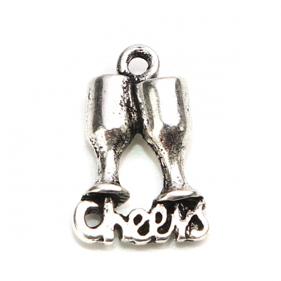 Picture of Zinc Based Alloy Charms Wine Glass Antique Silver Message " Cheer " 3D 16mm x 11mm, 10 PCs