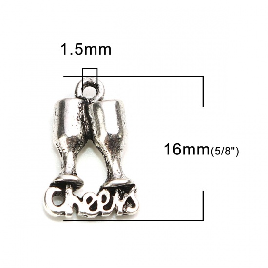 Picture of Zinc Based Alloy Charms Wine Glass Antique Silver Message " Cheer " 3D 16mm x 11mm, 10 PCs