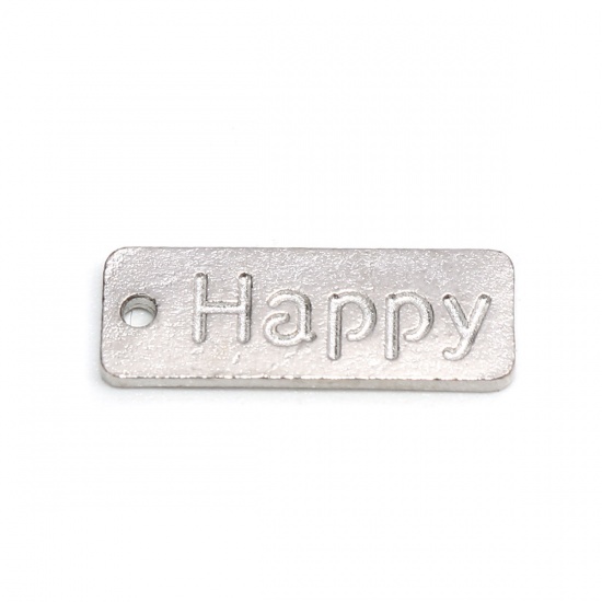 Picture of Zinc Based Alloy Charms Rectangle Silver Tone Message " Happy " 17mm x 6mm, 50 Grams (Approx 55 PCs)