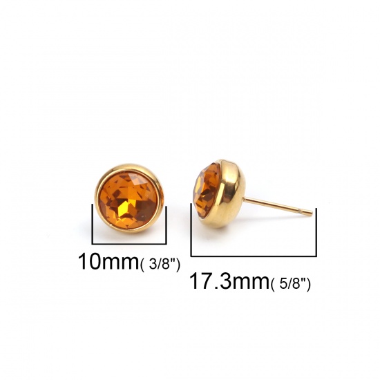 Picture of November Birthstone - Stainless Steel Ear Post Stud Earrings Gold Plated Round Orange Rhinestone 10mm Dia., Post/ Wire Size: (20 gauge), 2 PCs