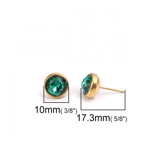Picture of May Birthstone - Stainless Steel Ear Post Stud Earrings Gold Plated Round Green Rhinestone 10mm Dia., Post/ Wire Size: (20 gauge), 2 PCs