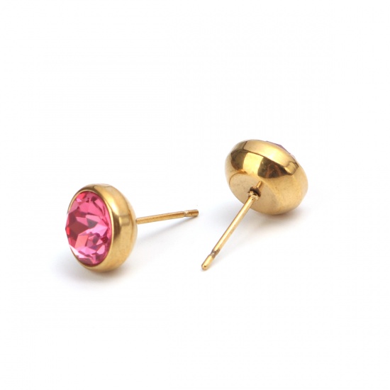 Picture of July Birthstone - Stainless Steel Ear Post Stud Earrings Gold Plated Round Pink Rhinestone 10mm Dia., Post/ Wire Size: (20 gauge), 2 PCs