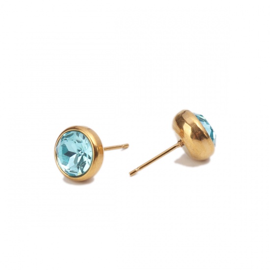 Picture of December Birthstone - Stainless Steel Ear Post Stud Earrings Gold Plated Round Cyan Rhinestone 10mm Dia., Post/ Wire Size: (20 gauge), 2 PCs