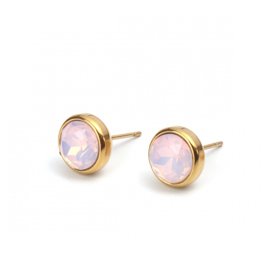 Picture of October Birthstone - Stainless Steel Ear Post Stud Earrings Gold Plated Round Pink Rhinestone 10mm Dia., Post/ Wire Size: (20 gauge), 2 PCs