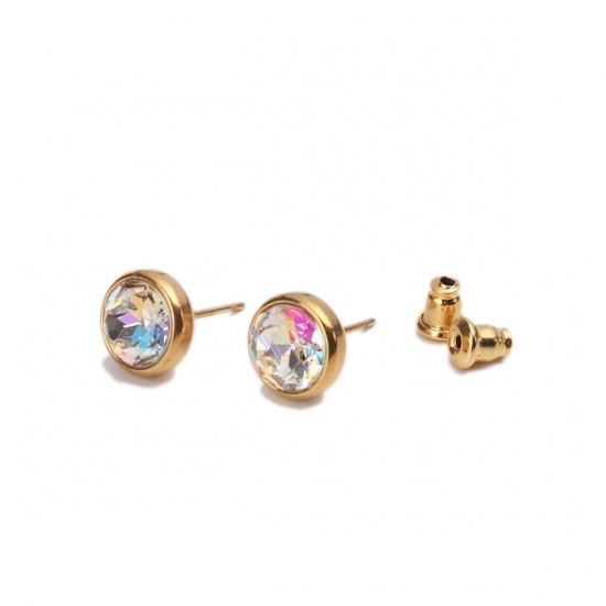 Picture of Stainless Steel Ear Post Stud Earrings Gold Plated Round Clear AB Color Rhinestone 10mm Dia., Post/ Wire Size: (20 gauge), 2 PCs