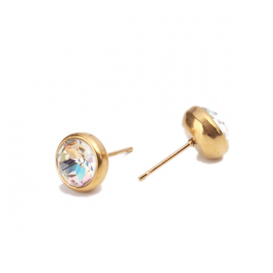 Picture of Stainless Steel Ear Post Stud Earrings Gold Plated Round Clear AB Color Rhinestone 10mm Dia., Post/ Wire Size: (20 gauge), 2 PCs