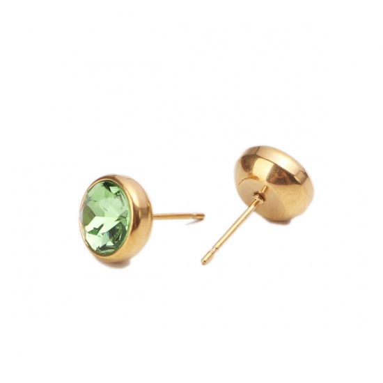 Picture of August Birthstone - Stainless Steel Ear Post Stud Earrings Gold Plated Round Grass Green Rhinestone 10mm Dia., Post/ Wire Size: (20 gauge), 2 PCs