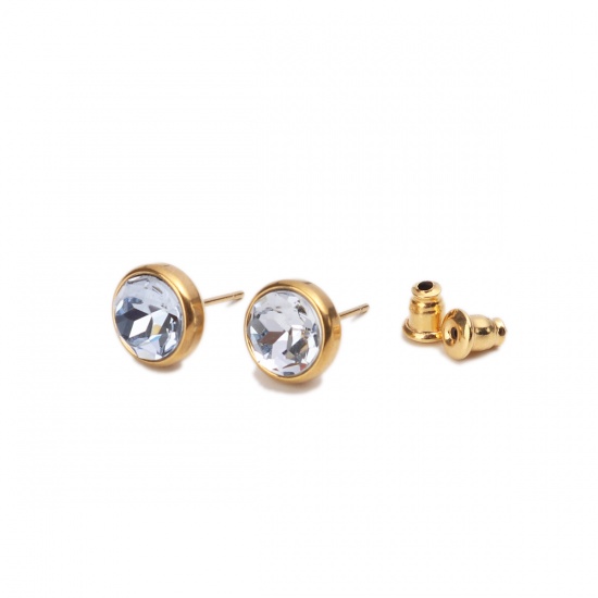 Picture of March Birthstone - Stainless Steel Ear Post Stud Earrings Gold Plated Round Light Blue Rhinestone 10mm Dia., Post/ Wire Size: (20 gauge), 2 PCs
