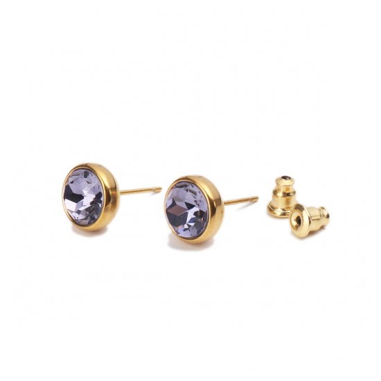 Picture of June Birthstone - Stainless Steel Ear Post Stud Earrings Gold Plated Round Mauve Rhinestone 10mm Dia., Post/ Wire Size: (20 gauge), 2 PCs