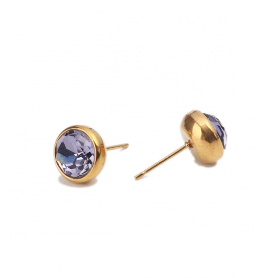 Picture of June Birthstone - Stainless Steel Ear Post Stud Earrings Gold Plated Round Mauve Rhinestone 10mm Dia., Post/ Wire Size: (20 gauge), 2 PCs