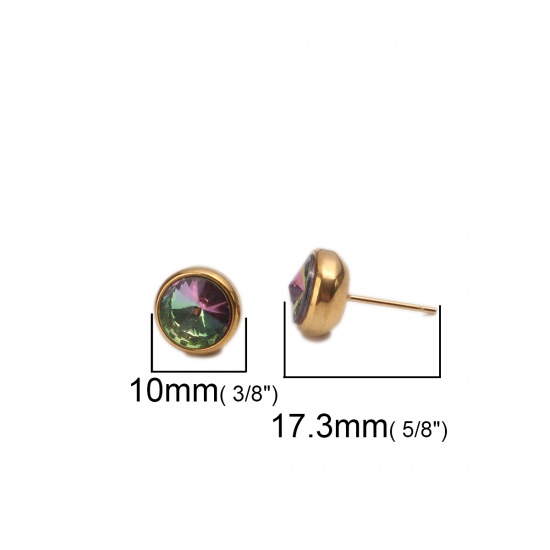 Picture of Stainless Steel Ear Post Stud Earrings Gold Plated Round AB Color Rhinestone 10mm Dia., Post/ Wire Size: (20 gauge), 2 PCs
