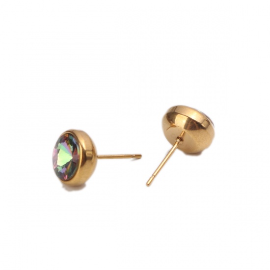 Picture of Stainless Steel Ear Post Stud Earrings Gold Plated Round AB Color Rhinestone 10mm Dia., Post/ Wire Size: (20 gauge), 2 PCs