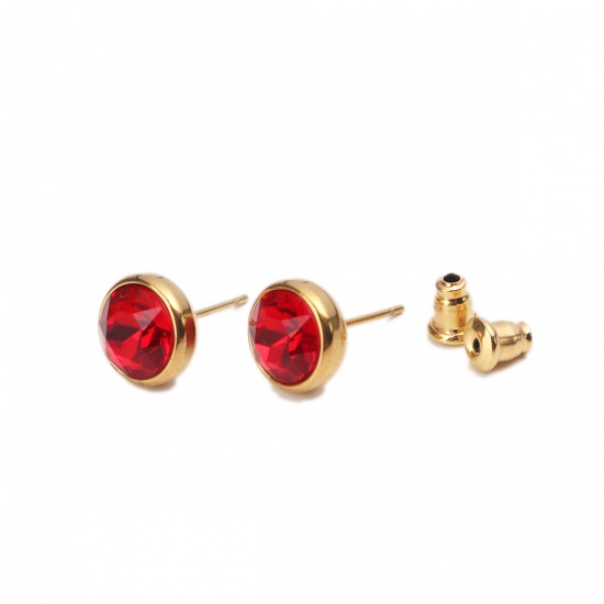 Picture of January Birthstone Stainless Steel Ear Post Stud Earrings Gold Plated Round Red Rhinestone 10mm Dia., Post/ Wire Size: (20 gauge), 2 PCs