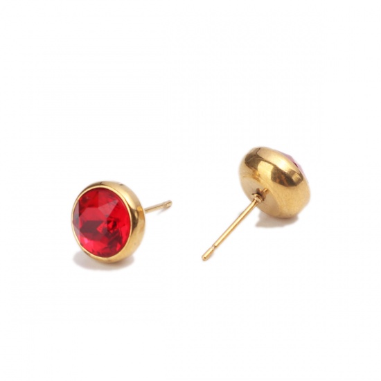 Picture of January Birthstone Stainless Steel Ear Post Stud Earrings Gold Plated Round Red Rhinestone 10mm Dia., Post/ Wire Size: (20 gauge), 2 PCs