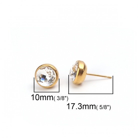 Picture of April Birthstone - Stainless Steel Ear Post Stud Earrings Gold Plated Round Clear Rhinestone 10mm Dia., Post/ Wire Size: (20 gauge), 2 PCs