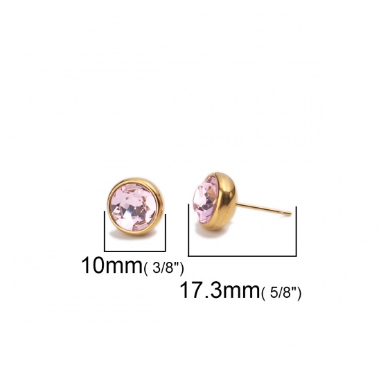 Picture of Stainless Steel Ear Post Stud Earrings Gold Plated Round Light Pink Rhinestone 10mm Dia., Post/ Wire Size: (20 gauge), 2 PCs