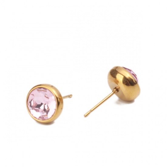 Picture of Stainless Steel Ear Post Stud Earrings Gold Plated Round Light Pink Rhinestone 10mm Dia., Post/ Wire Size: (20 gauge), 2 PCs
