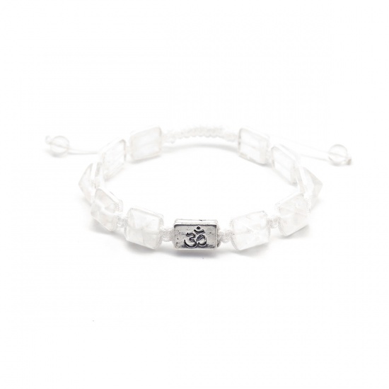 Picture of Natural White Quartz Rock Crystal Adjustable Dainty Bracelets Delicate Bracelets Beaded Bracelet Transparent Clear Rectangle OM/ Aum Symbol 21cm(8 2/8") long, 1 Piece