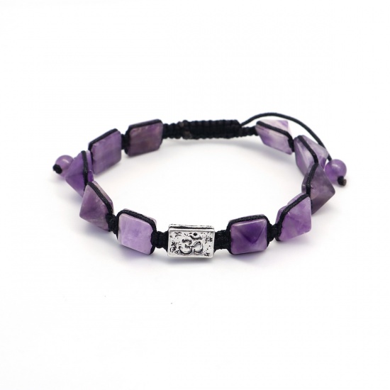Picture of Natural Amethyst Adjustable Dainty Bracelets Delicate Bracelets Beaded Bracelet Purple Rectangle OM/ Aum Symbol 21cm(8 2/8") long, 1 Piece