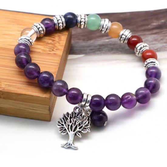 Picture of Natural Amethyst Yoga Healing Elastic Dainty Bracelets Delicate Bracelets Beaded Bracelet Purple Tree 22cm(8 5/8") long, 1 Piece
