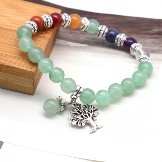 Picture of Natural Aventurine Yoga Healing Elastic Dainty Bracelets Delicate Bracelets Beaded Bracelet Green Tree 22cm(8 5/8") long, 1 Piece
