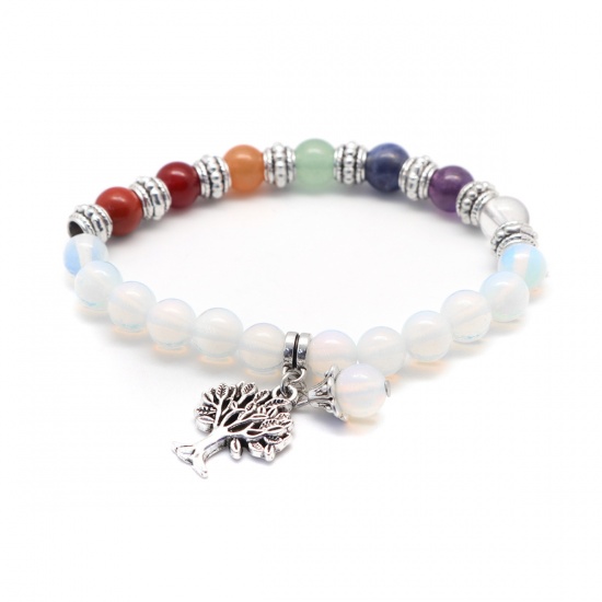 Picture of Synthetic Opal Yoga Healing Elastic Dainty Bracelets Delicate Bracelets Beaded Bracelet Ivory Antique Silver Color Tree 22cm(8 5/8") long, 1 Piece