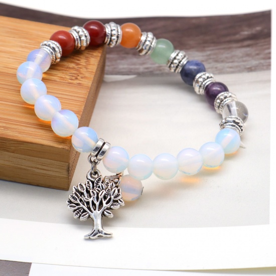 Picture of Synthetic Opal Yoga Healing Elastic Dainty Bracelets Delicate Bracelets Beaded Bracelet Ivory Antique Silver Color Tree 22cm(8 5/8") long, 1 Piece