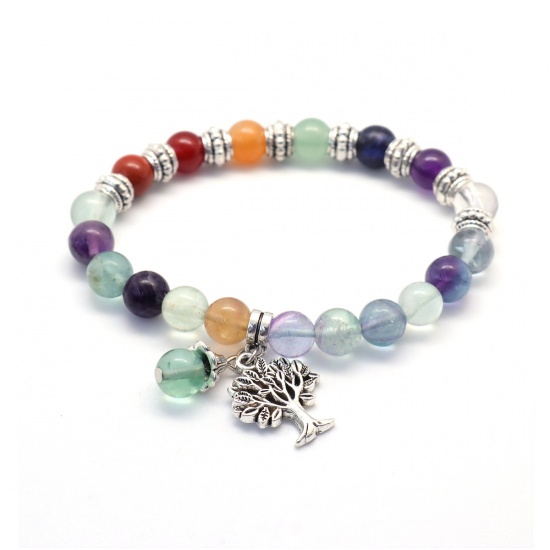 Image de Bracelets Raffinés Bracelets Délicats Bracelet de Perles en Fluorite Yoga ( Naturel ) Violet & Vert Arbre Elastique 22cm Long, 1 Pièce