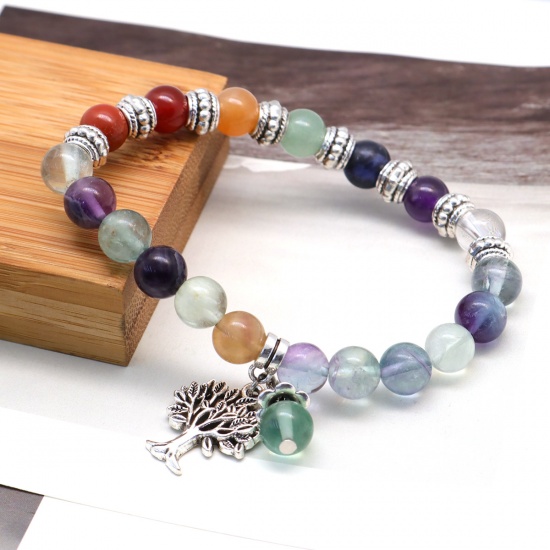 Picture of Natural Fluorite Yoga Healing Elastic Dainty Bracelets Delicate Bracelets Beaded Bracelet Purple & Green Tree 22cm(8 5/8") long, 1 Piece