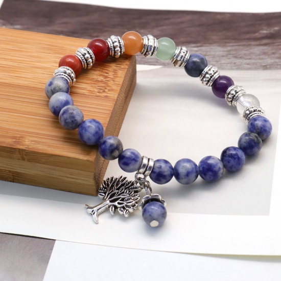 Image de Bracelets Raffinés Bracelets Délicats Bracelet de Perles en Pierre Yoga ( Naturel ) Blanc & Bleu Arbre Elastique 22cm Long, 1 Pièce
