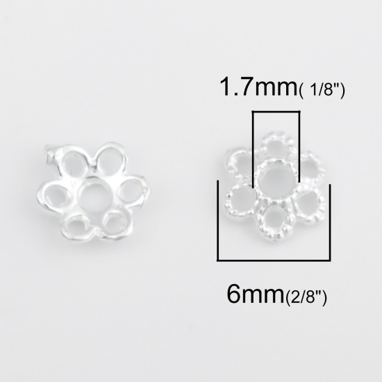 Picture of Sterling Silver Beads Caps Flower Silver Hollow (Fit Beads Size: 10mm Dia.) 6mm x 6mm, 1 Gram (Approx 10-11 PCs)