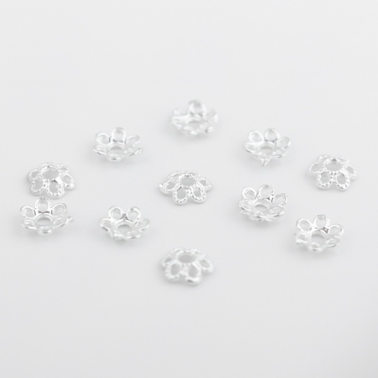 Picture of Sterling Silver Beads Caps Flower Silver Hollow (Fit Beads Size: 10mm Dia.) 6mm x 6mm, 1 Gram (Approx 10-11 PCs)