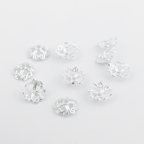 Picture of Sterling Silver Beads Caps Flower Silver Hollow (Fit Beads Size: 10mm Dia.) 7mm x 7mm, 1 Gram (Approx 4-5 PCs)