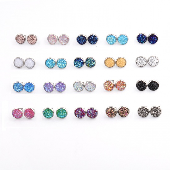 Picture of Stainless Steel Druzy/ Drusy Ear Post Stud Earrings Silver Tone Mixed Color Round With Resin Cabochons 10mm Dia., Post/ Wire Size: (21 gauge), 1 Set (Approx 20 Pairs/Set)