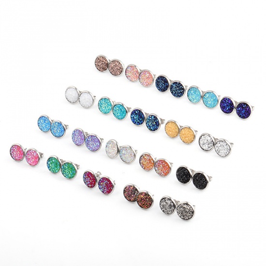 Picture of Stainless Steel Druzy/ Drusy Ear Post Stud Earrings Silver Tone Mixed Color Round With Resin Cabochons 12mm Dia., Post/ Wire Size: (21 gauge), 1 Set (Approx 20 Pairs/Set)