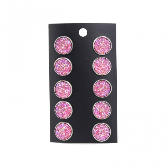 Picture of Stainless Steel Druzy/ Drusy Ear Post Stud Earrings Silver Tone Rose Red Round Mixed With Resin Cabochons 12mm Dia., Post/ Wire Size: (21 gauge), 1 Plate (Approx 5 Pairs/Plate)