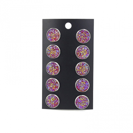 Picture of Stainless Steel Druzy/ Drusy Ear Post Stud Earrings Silver Tone Purple Round Mixed With Resin Cabochons 12mm Dia., Post/ Wire Size: (21 gauge), 1 Plate (Approx 5 Pairs/Plate)