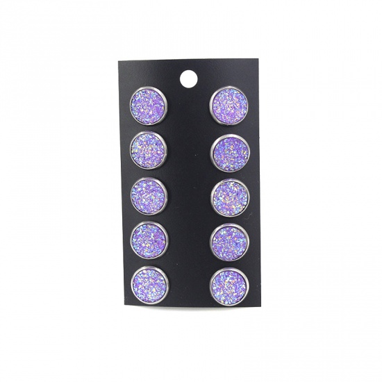 Picture of Stainless Steel Druzy/ Drusy Ear Post Stud Earrings Silver Tone Mauve Round Mixed With Resin Cabochons 12mm Dia., Post/ Wire Size: (21 gauge), 1 Plate (Approx 5 Pairs/Plate)