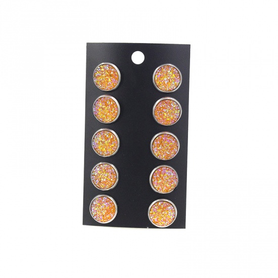 Picture of Stainless Steel Druzy/ Drusy Ear Post Stud Earrings Silver Tone Orange Round Mixed With Resin Cabochons 12mm Dia., Post/ Wire Size: (21 gauge), 1 Plate (Approx 5 Pairs/Plate)