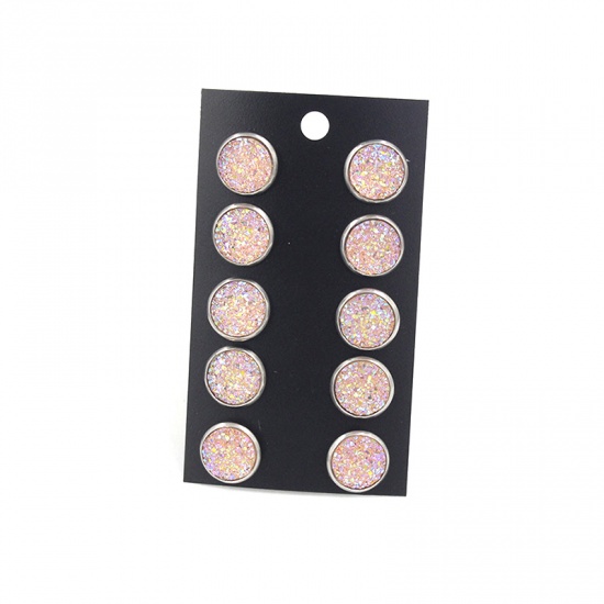 Picture of Stainless Steel Druzy/ Drusy Ear Post Stud Earrings Silver Tone Light Pink Round Mixed With Resin Cabochons 12mm Dia., Post/ Wire Size: (21 gauge), 1 Plate (Approx 5 Pairs/ Plate)