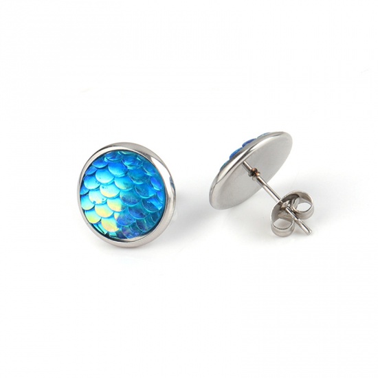 Picture of Stainless Steel Mermaid Fish/ Dragon Scale Ear Post Stud Earrings Silver Tone Mixed Color Round Fish Scale With Resin Cabochons 12mm Dia., Post/ Wire Size: (21 gauge), 1 Set (Approx 15 Pairs/Set)
