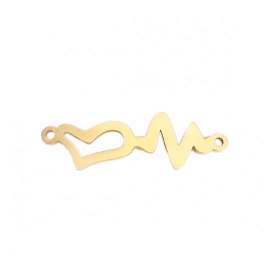 Picture of 304 Stainless Steel Connectors Heartbeat/ Electrocardiogram Gold Plated Heart Hollow 3.2cm x 1cm, 3 PCs