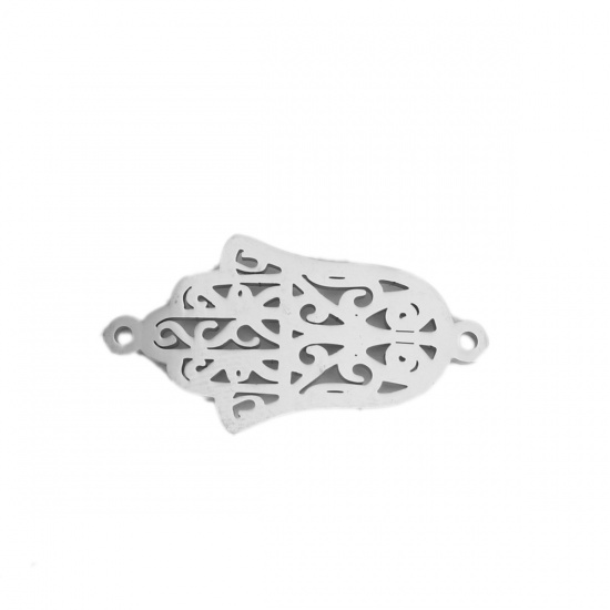 Picture of 304 Stainless Steel Connectors Hamsa Symbol Hand Silver Tone Filigree 27mm x 14mm, 5 PCs