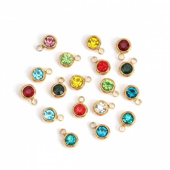 Picture of 304 Stainless Steel & Glass Charms Round Gold Plated At Random Mixed Faceted 8mm x 6mm, 10 PCs