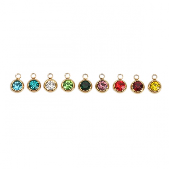 Picture of 304 Stainless Steel & Glass Charms Round Gold Plated At Random Faceted 8mm x 6mm, 10 PCs