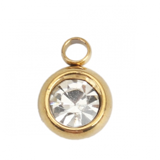 Picture of 304 Stainless Steel & Glass Charms Round Gold Plated Transparent Clear Faceted 8mm x 6mm, 10 PCs
