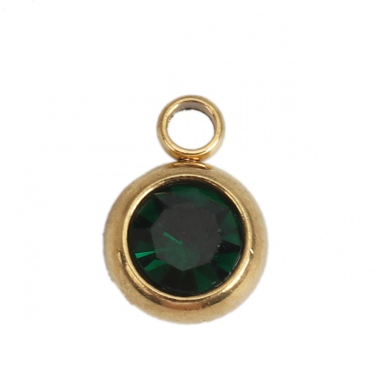 Picture of 304 Stainless Steel & Glass Charms Round Gold Plated Dark Green Faceted 8mm x 6mm, 10 PCs
